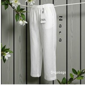 Zara Women’s NWT White Linen Pull Up Flowing Cropped Pants XS